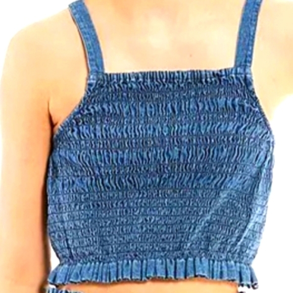 Smocked Blue Denim Chambray Peplum Top - Picture 1 of 12